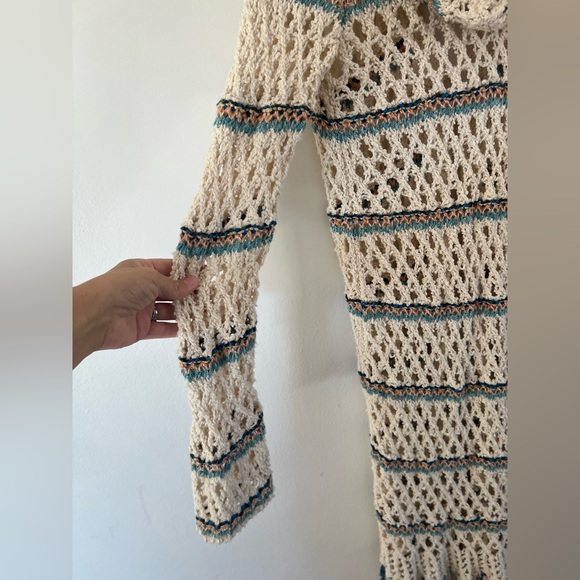 Free People Sunblock Cardi Ivory Hooded Open Knit Crochet Fringe Long Cardigan - Picture 13 of 15